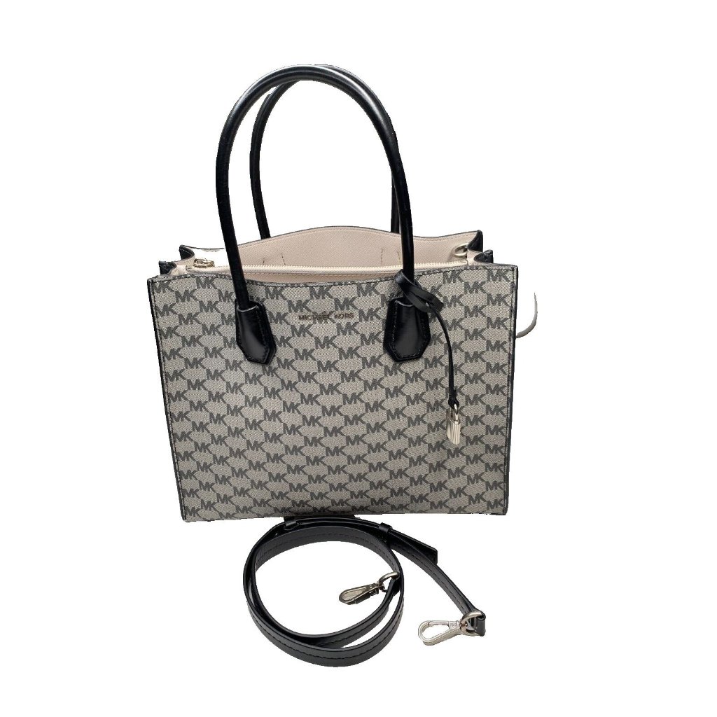 Michael Kors Studio Mercer Convertible Tote Bag Women Black Signature Logo Charm